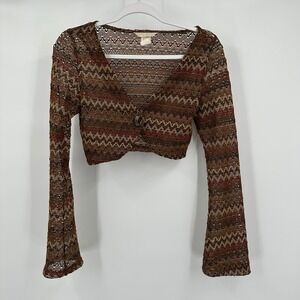 Womens Vintage Y2K Boho Crochet Shrug Size M Brown Bell Sleeve Festival Hippie